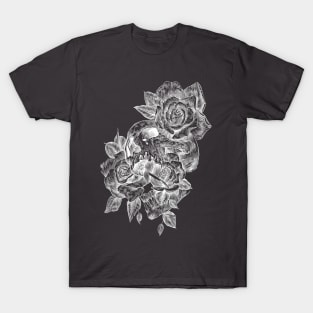 White line art skull and roses T-Shirt